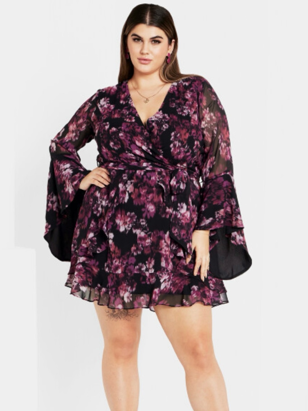 City Chic Gemma Flare Sleeve Faux Wrap Mini Plus Size Dress-Mulberry Size 18